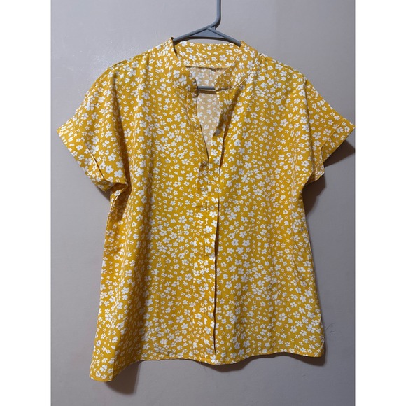 Tops - Womens Yellow Floral Print Band Collar Short Sleeve Blouse M